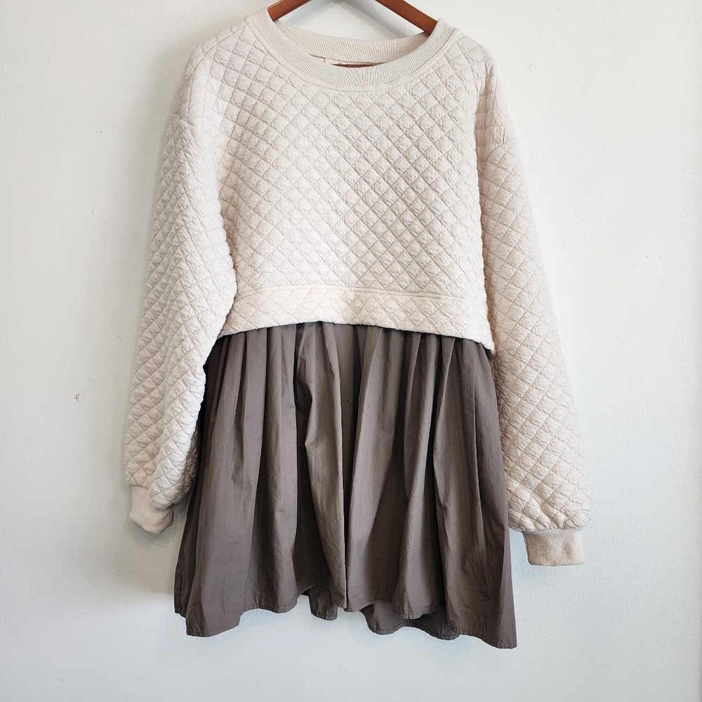 Jade by Jane Quilted Diamond Colorblock Babydoll Mini Dress Cream Taupe Size S/M - Picture 2 of 9